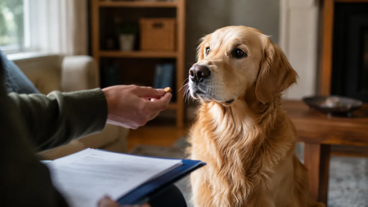 Adult Golden Retriever learning a new name with treats