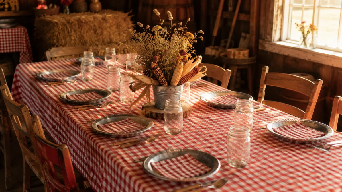 Pioneer party table with red gingham cloth, mason jar glasses, pie tin plates, and dried corn centrepiece