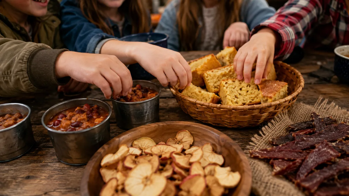 Children's hands reaching for cornbread and chili in tin cups at a pioneer party food table