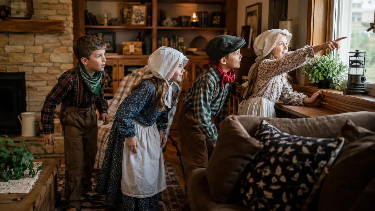 Children playing Hunt the Thimble at a pioneer-themed party indoors