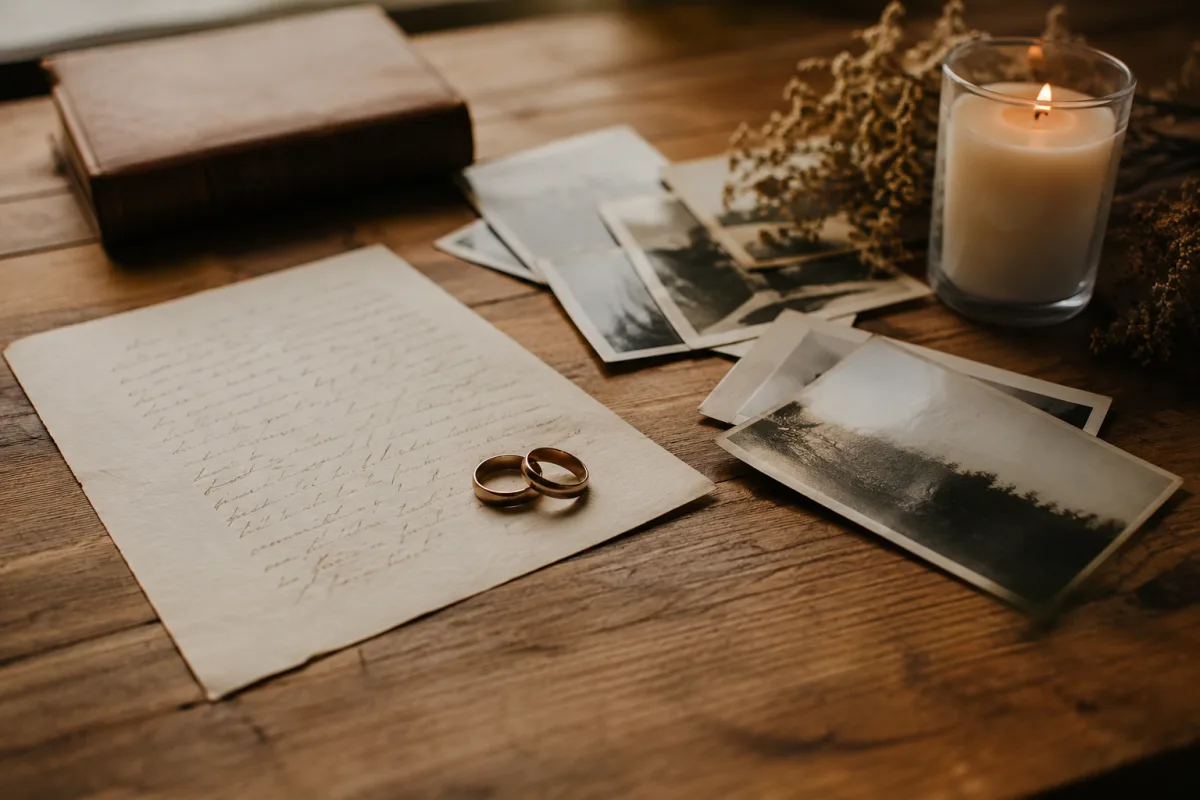 Handwritten vow renewal note beside wedding rings and old photos