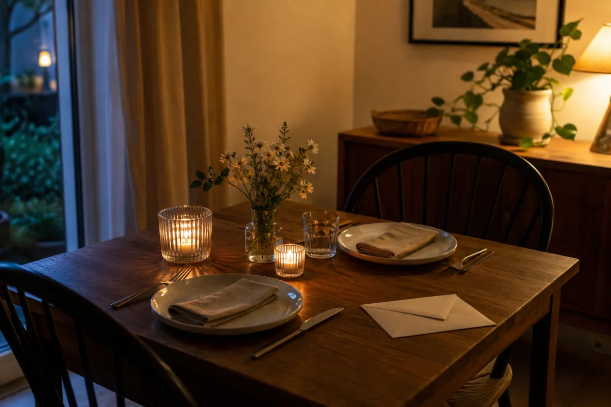 Quiet anniversary dinner table set for two at home