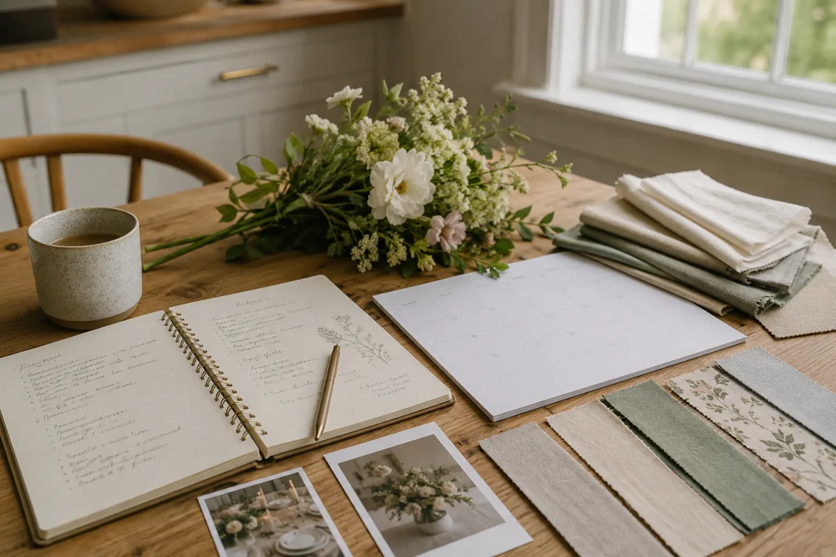 Vow renewal planning notebook with flowers and calendar