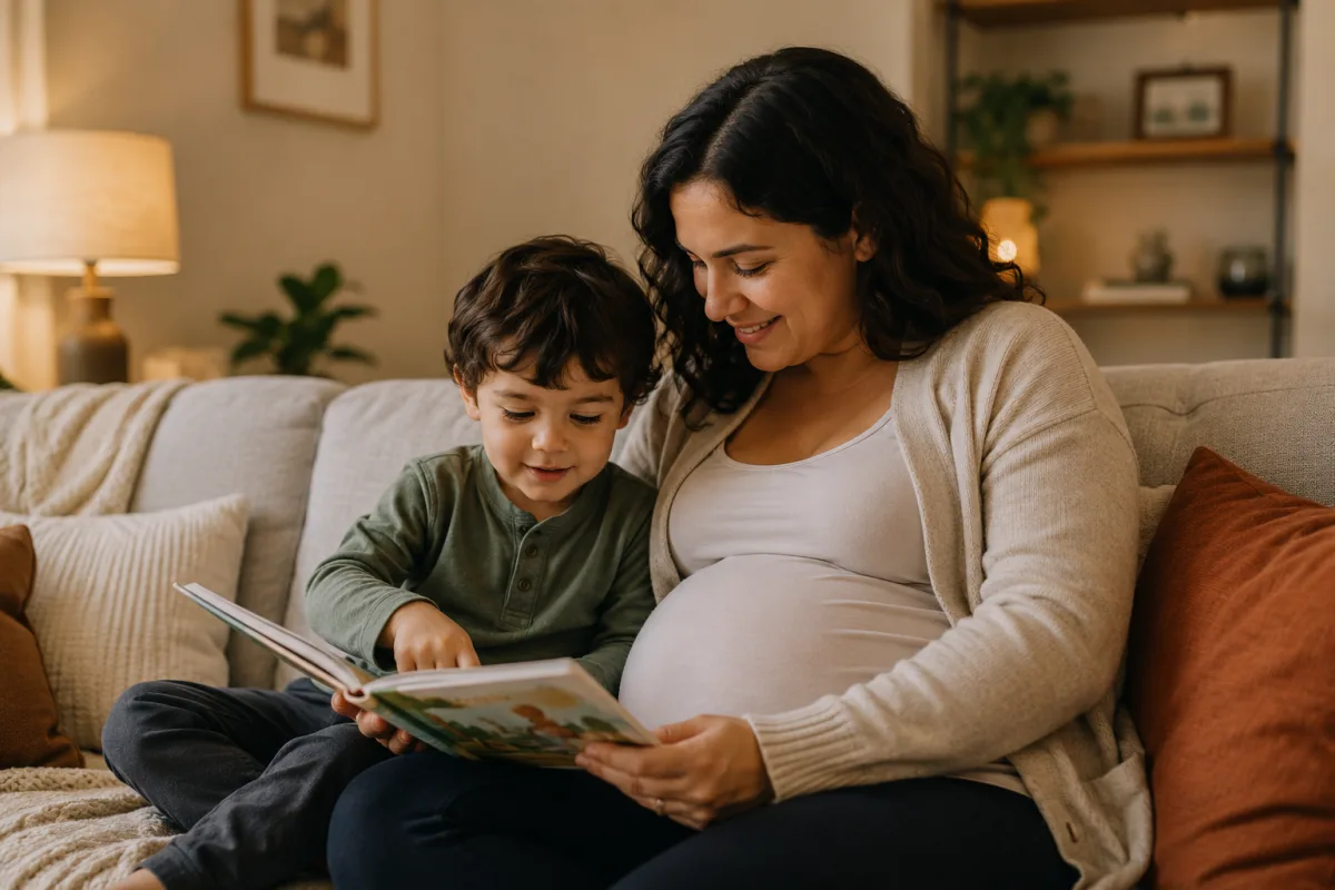 Parent explaining homebirth to a young child with picture book
