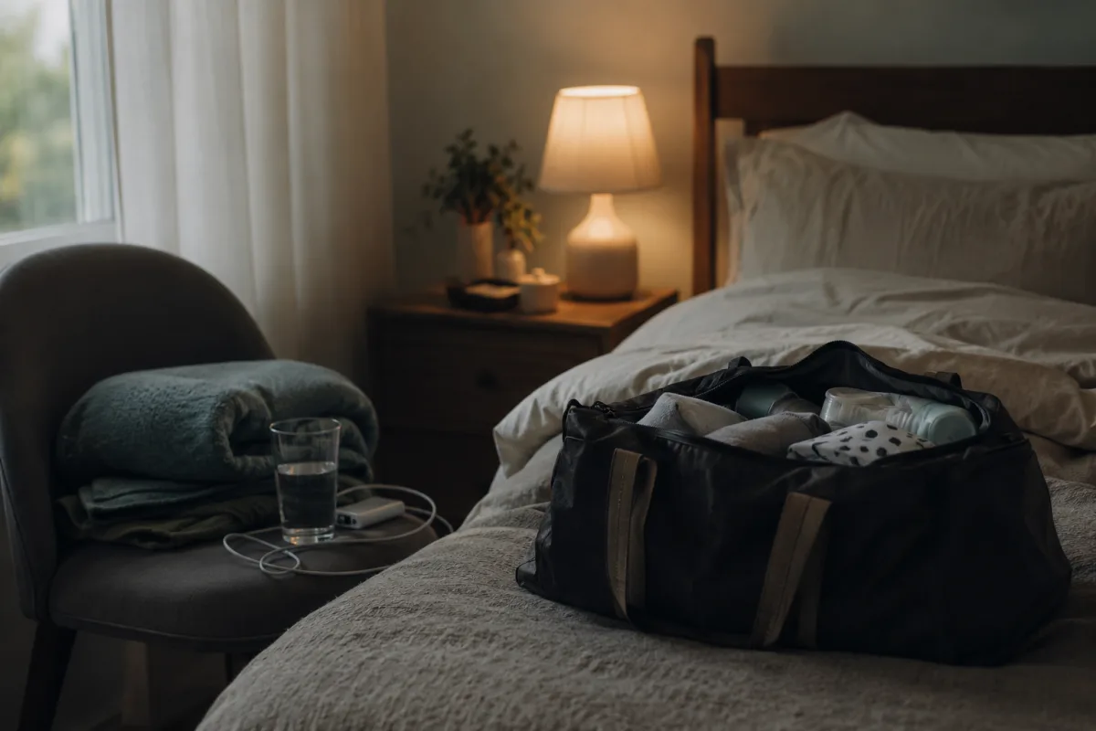 Calm early labor room with water, dim light, and packed hospital bag