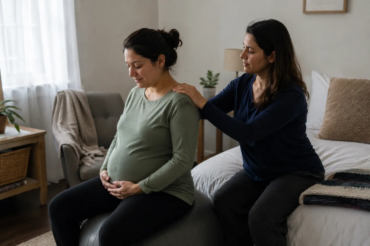 Support person offering hand pressure during early labor at home