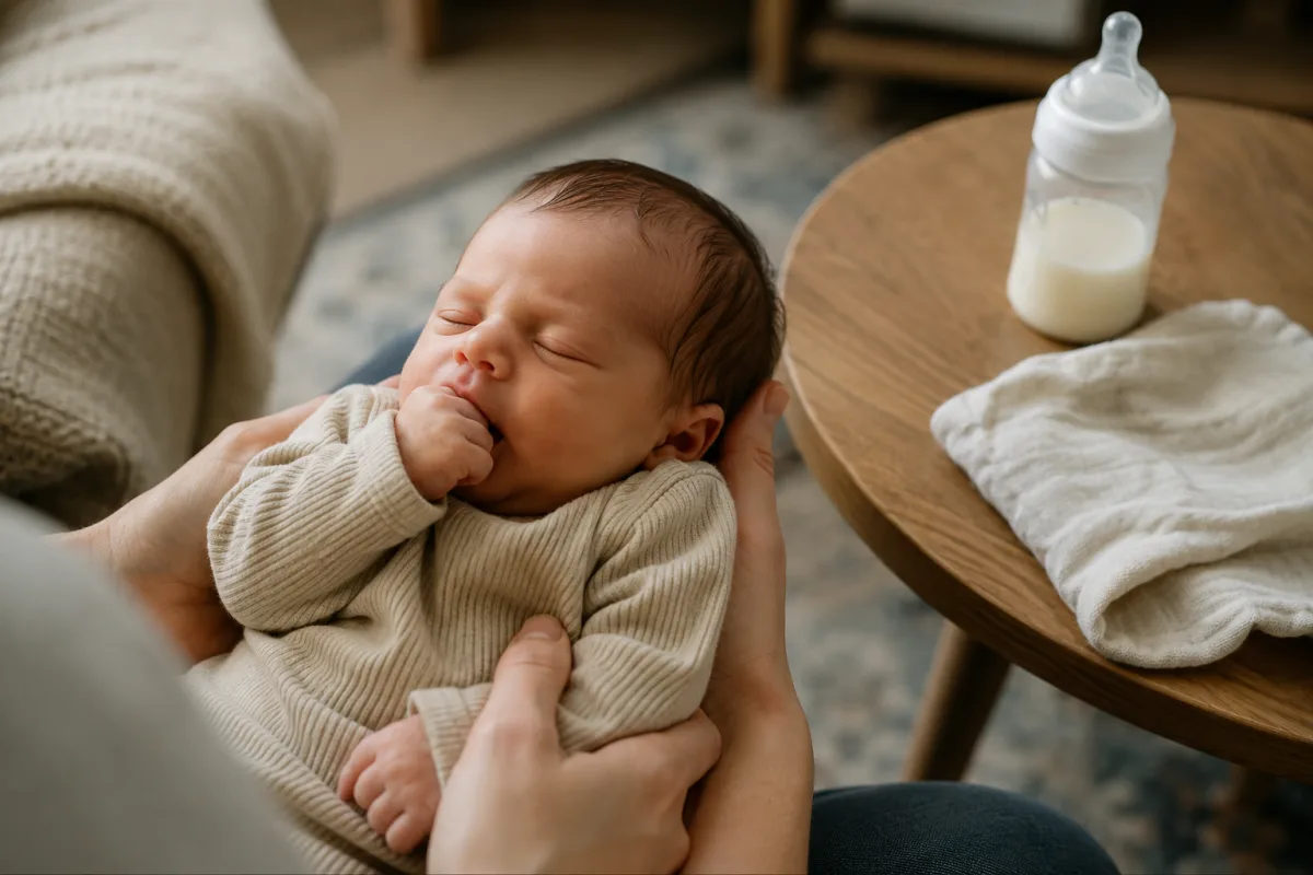 Newborn showing hunger cues near feeding setup