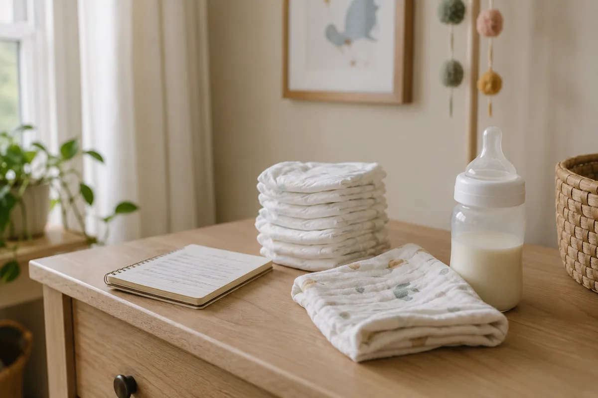 Simple newborn cue diary beside diapers and bottle