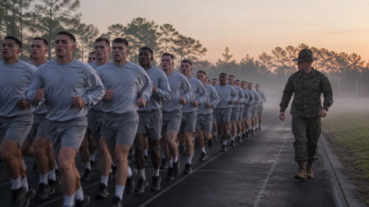 Army recruits running in formation during early morning PT at basic training