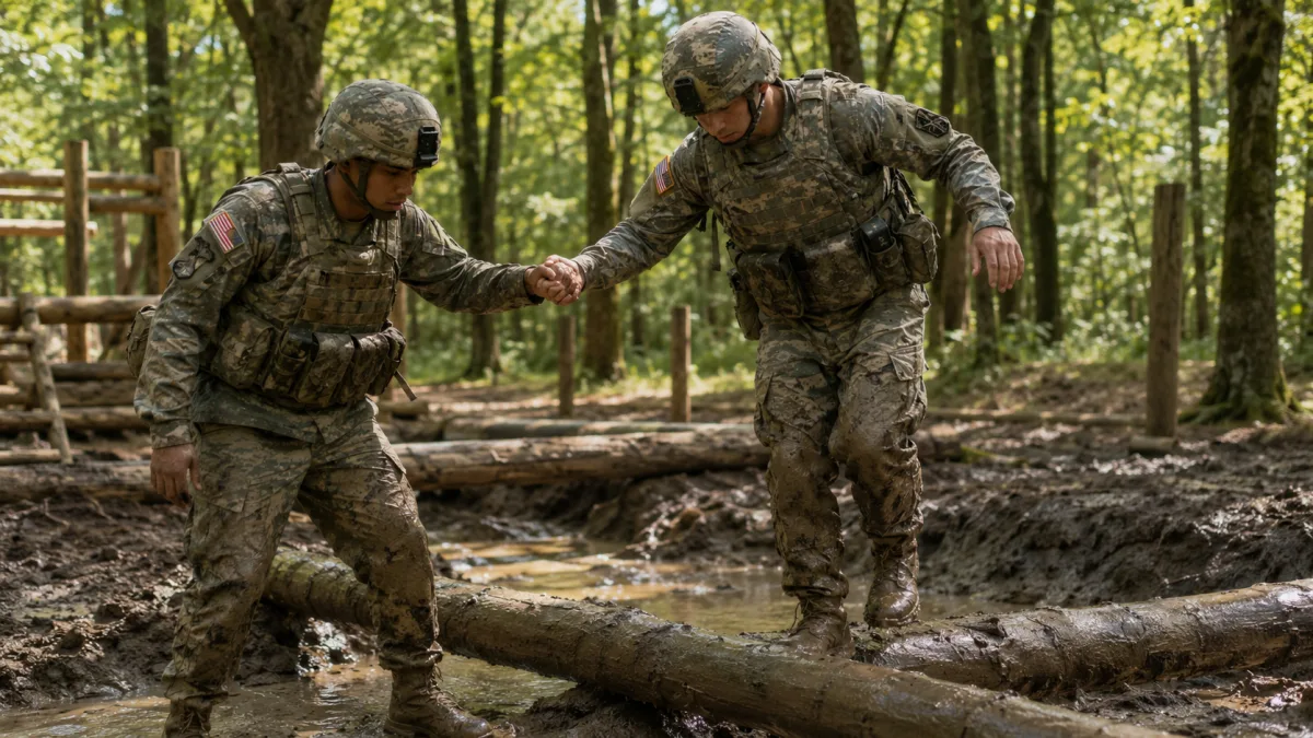 Two Army recruits in full combat gear supporting each other during a field exercise