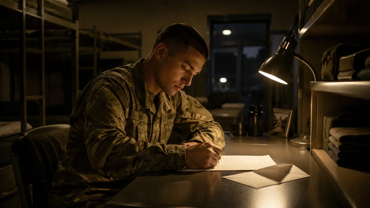 Army recruit writing a letter home during personal time in the barracks