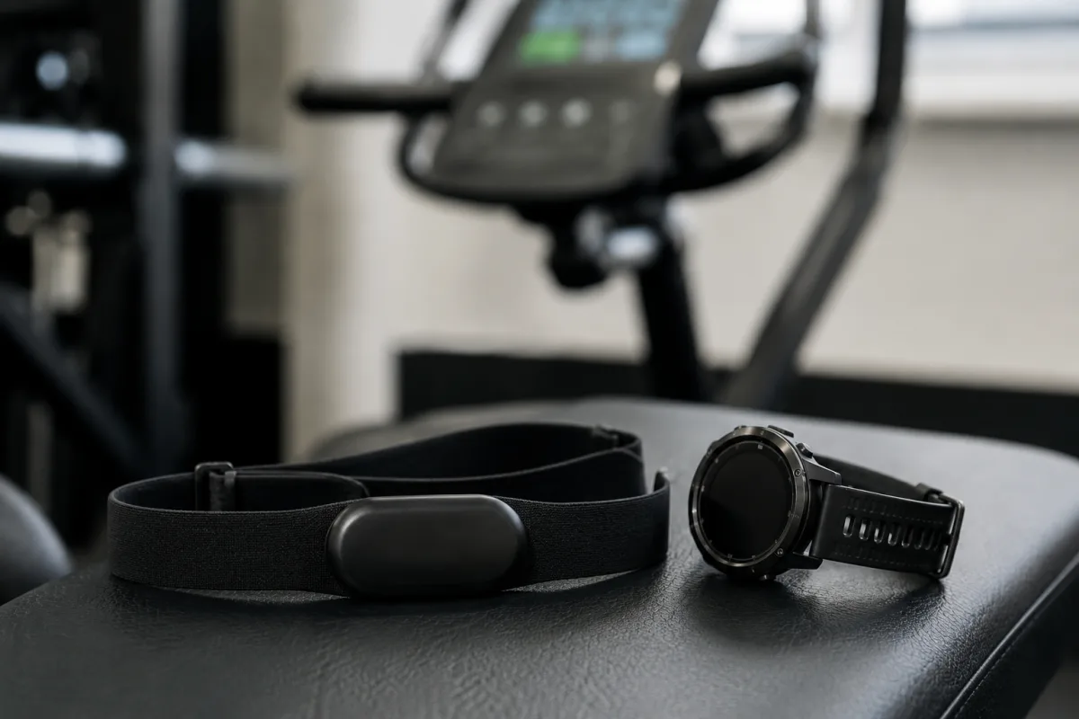 Heart rate strap tested near sports watch and gym console