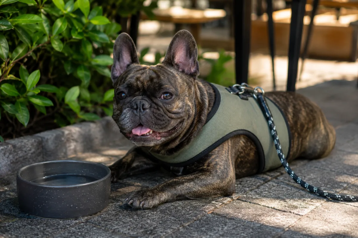French Bulldog resting after short walk with water
