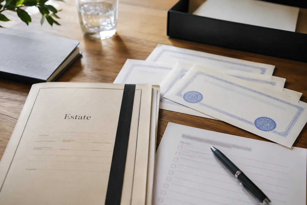 Estate paperwork with certified death certificate copies
