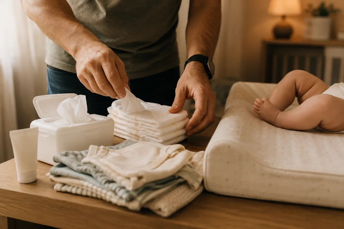 Father changing newborn diaper