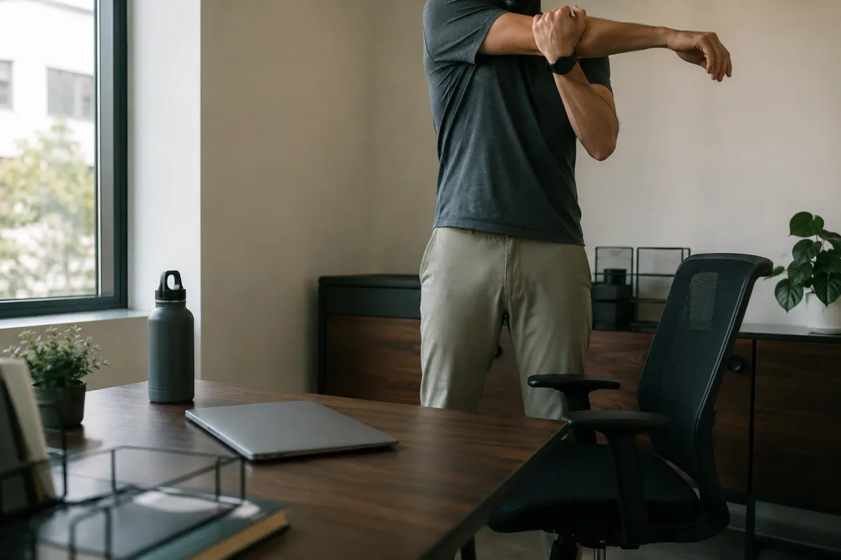 Office worker stretching beside a desk during a fatigue break