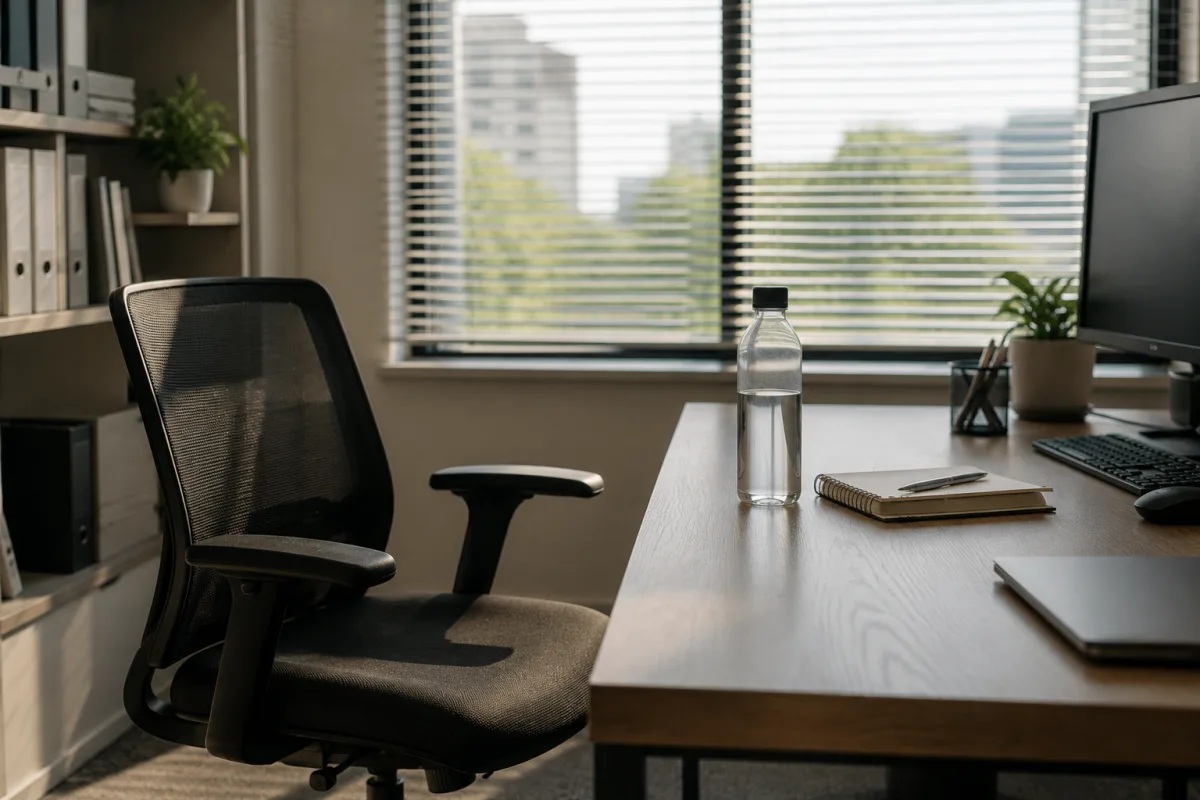 Bright office desk with water bottle and open blinds