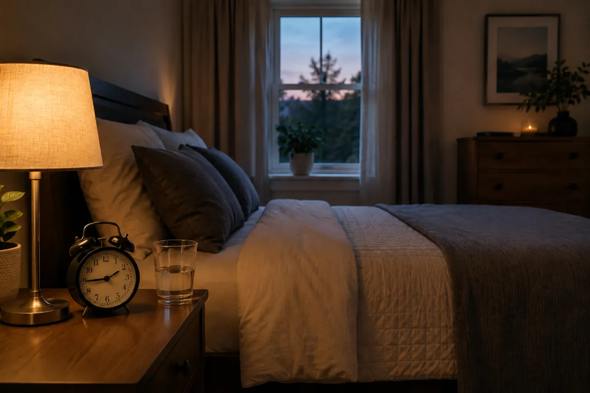 Bedside routine with alarm clock and phone placed away from bed