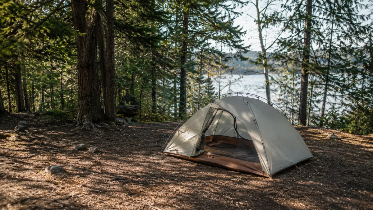 Tent pitched in afternoon shade at a summer campsite