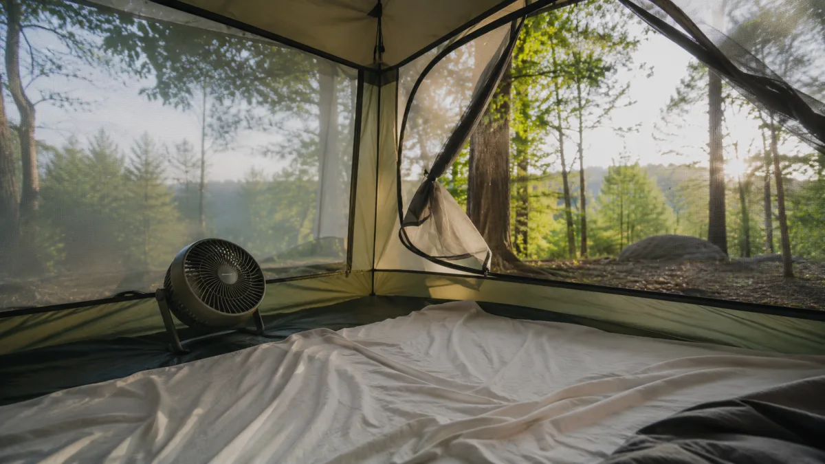 Ventilated tent with mesh panels and battery fan