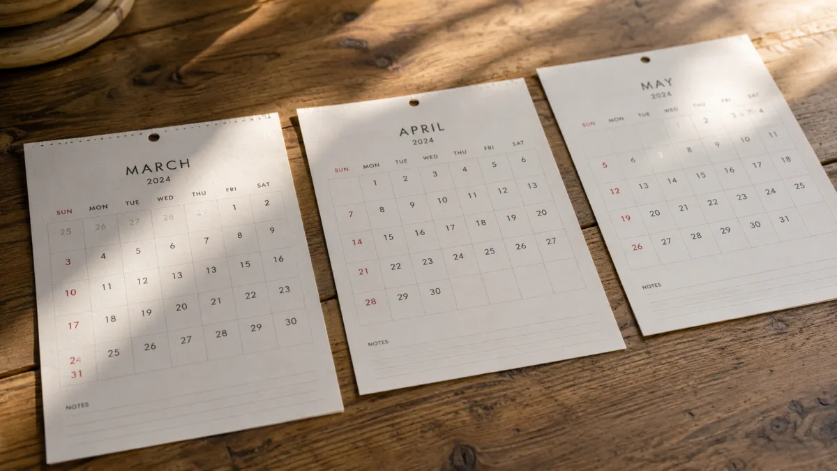 Calendar pages showing the three trimesters of pregnancy with soft morning light