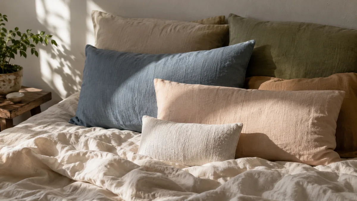 Stack of supportive pillows arranged on a bed for pregnancy comfort
