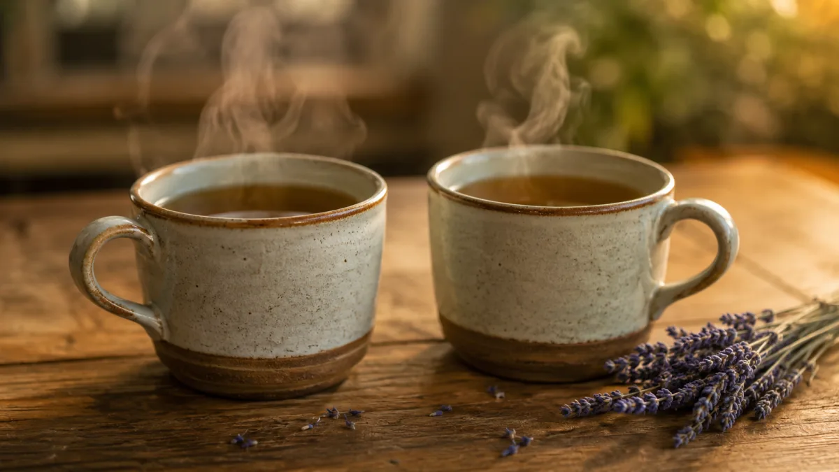 Two mugs of tea on a table beside a small bunch of dried lavender