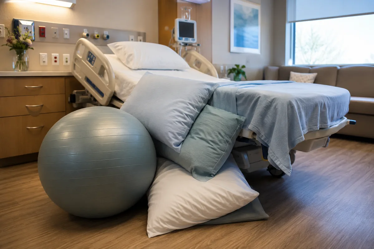 Birth ball support for hands and knees labor
