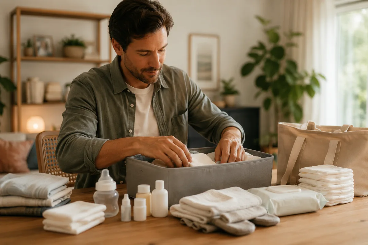 expectant father preparing baby supplies