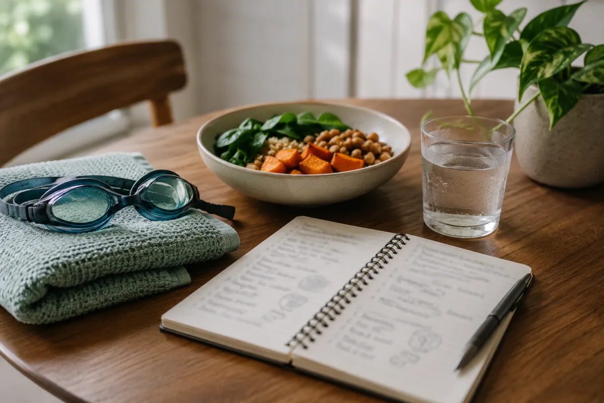 Food journal beside swim goggles