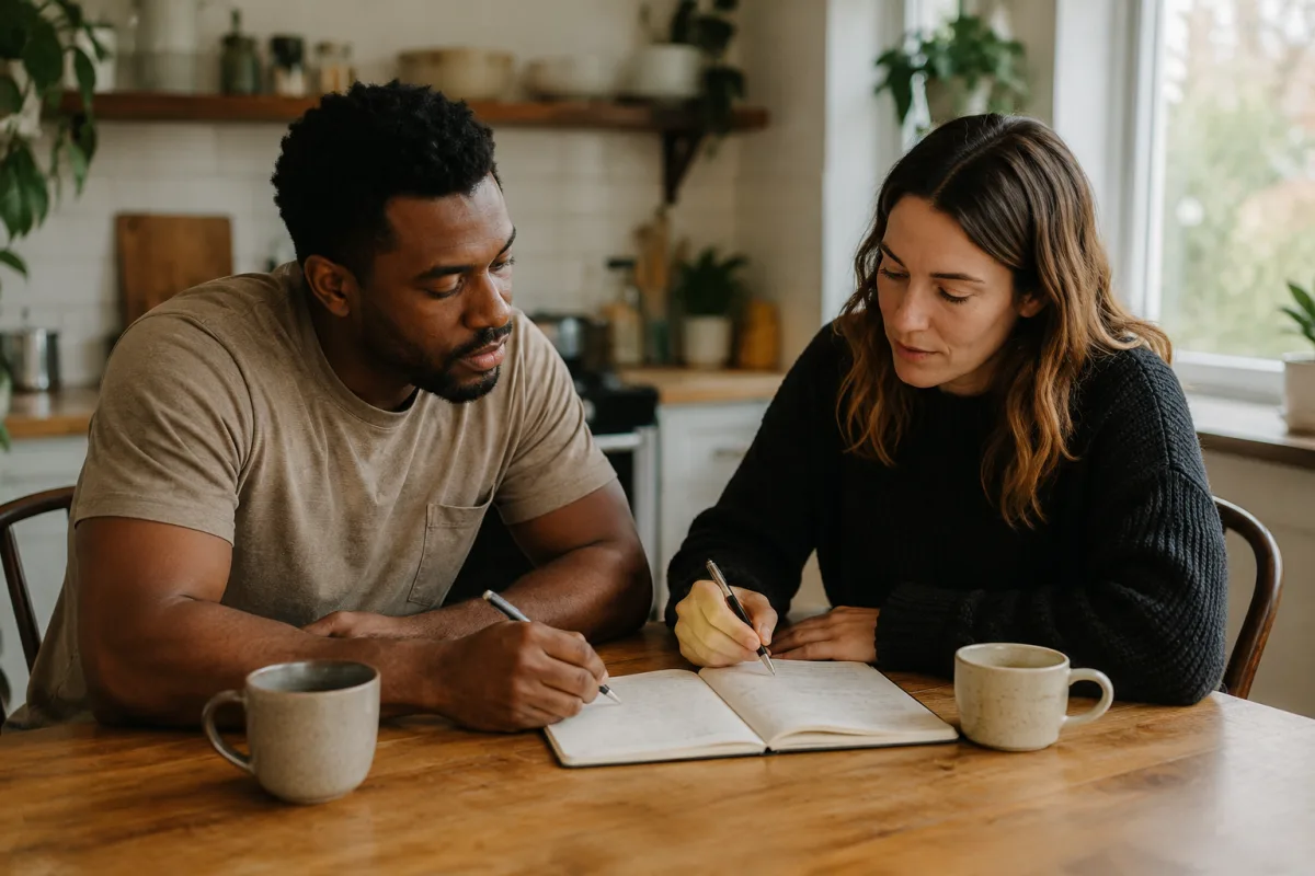 Couple writing relationship boundaries in a private notebook