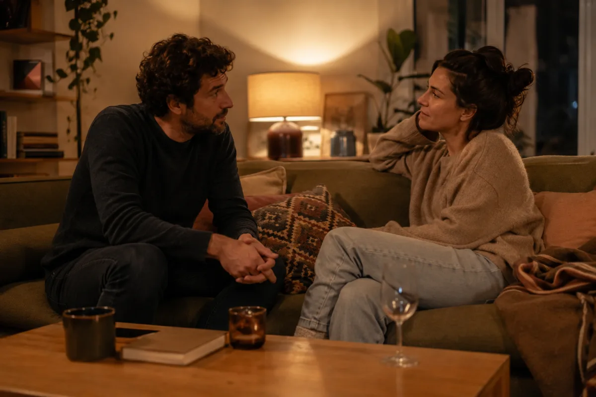 Two adults having a calm relationship check-in on a sofa