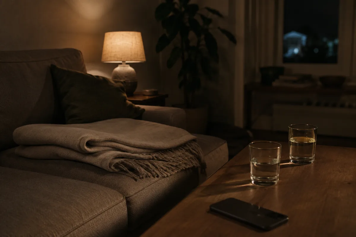 Quiet aftercare setup with water, blanket, and dim living room light