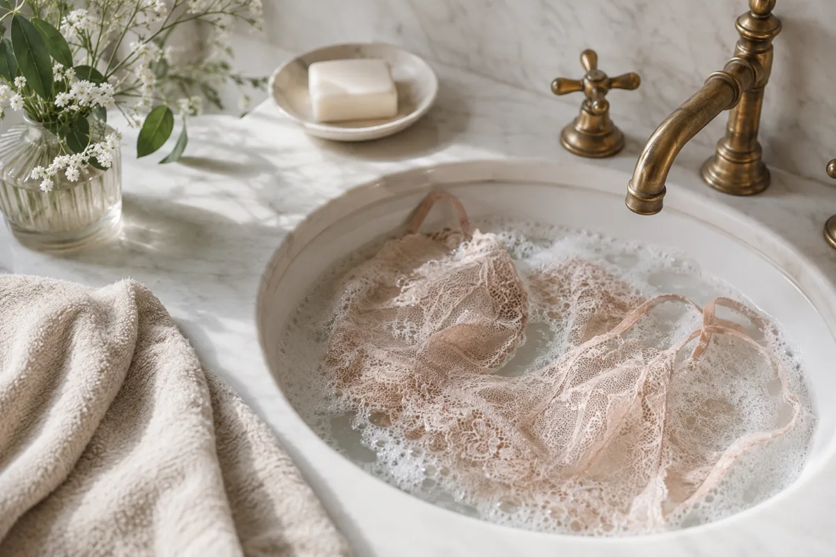 Hand washing delicate lingerie in basin