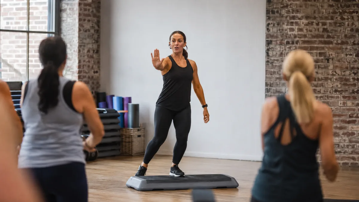 Aerobics instructor cueing a low-impact step
