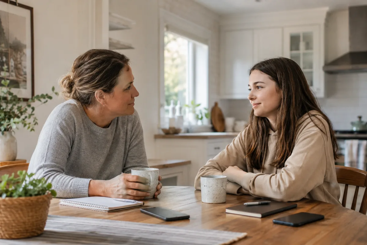 Parent and teen talking at a kitchen table with phones face down