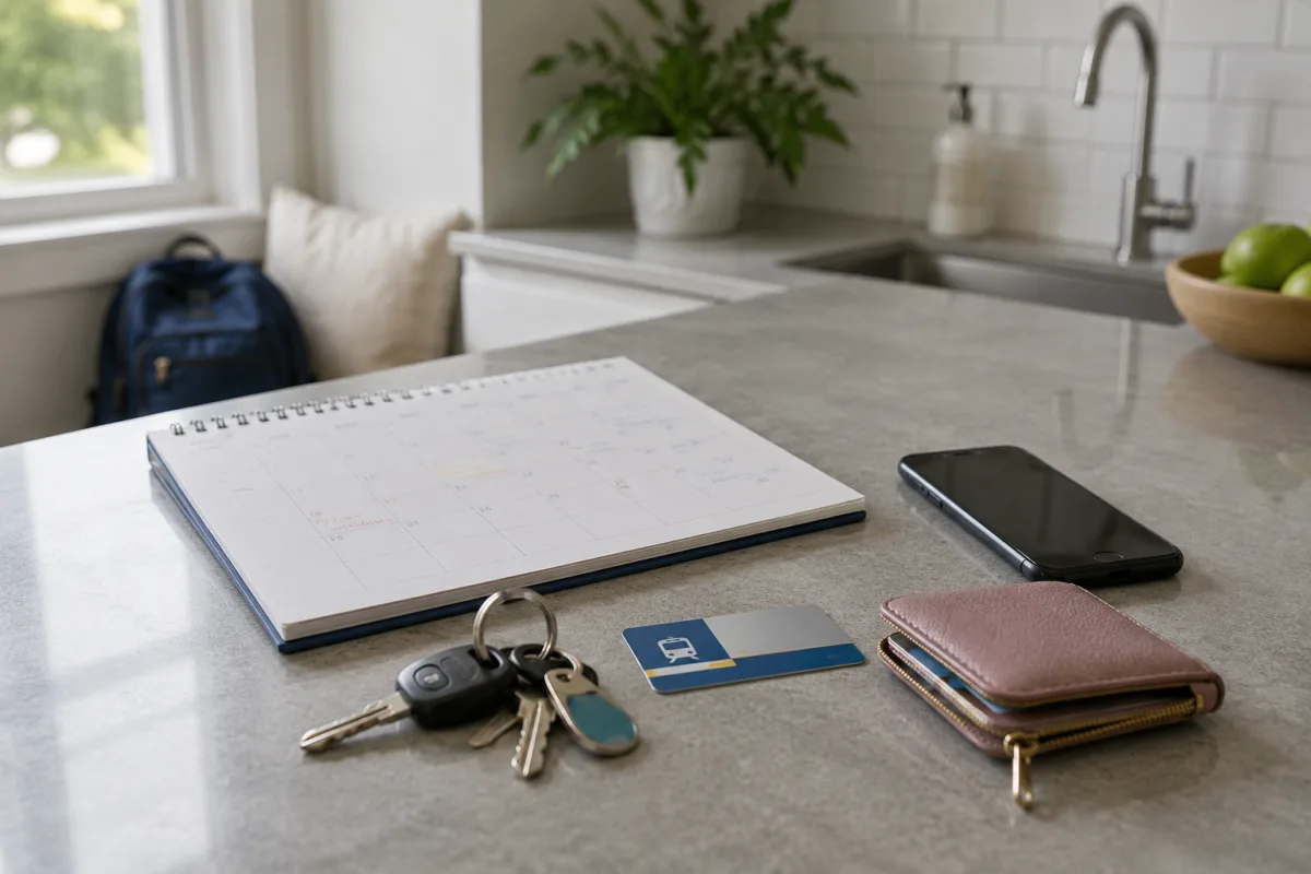 Calendar, keys, and transit card for a teen date plan
