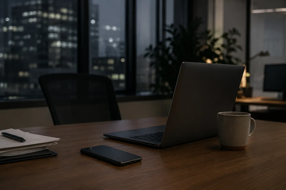 Phone face down beside a laptop after a workplace message