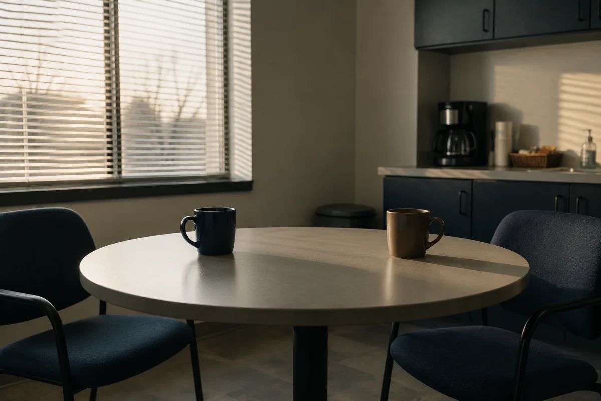 Empty office break room with two coffee cups on a table