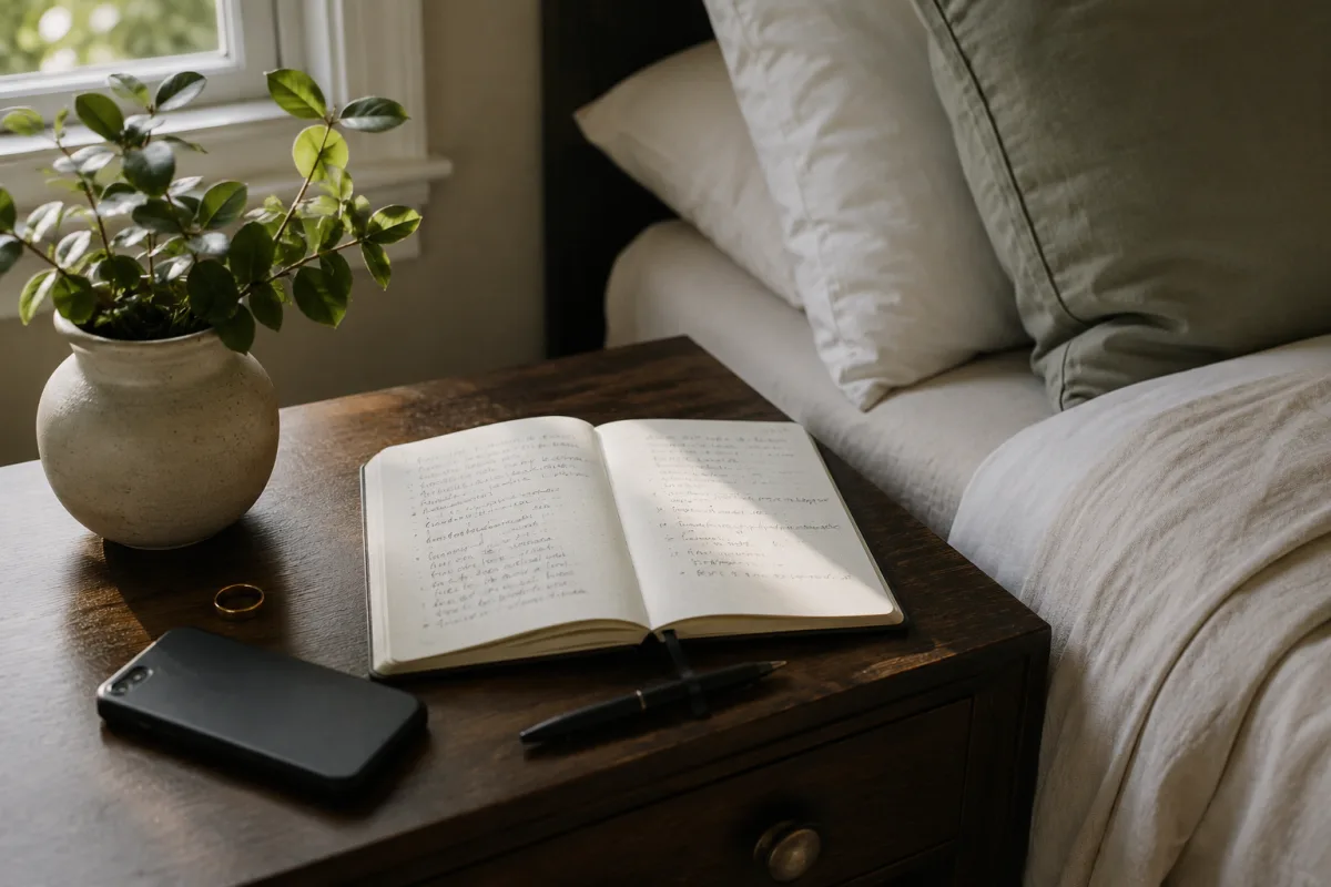 Notebook with boundary plan beside a wedding ring and phone