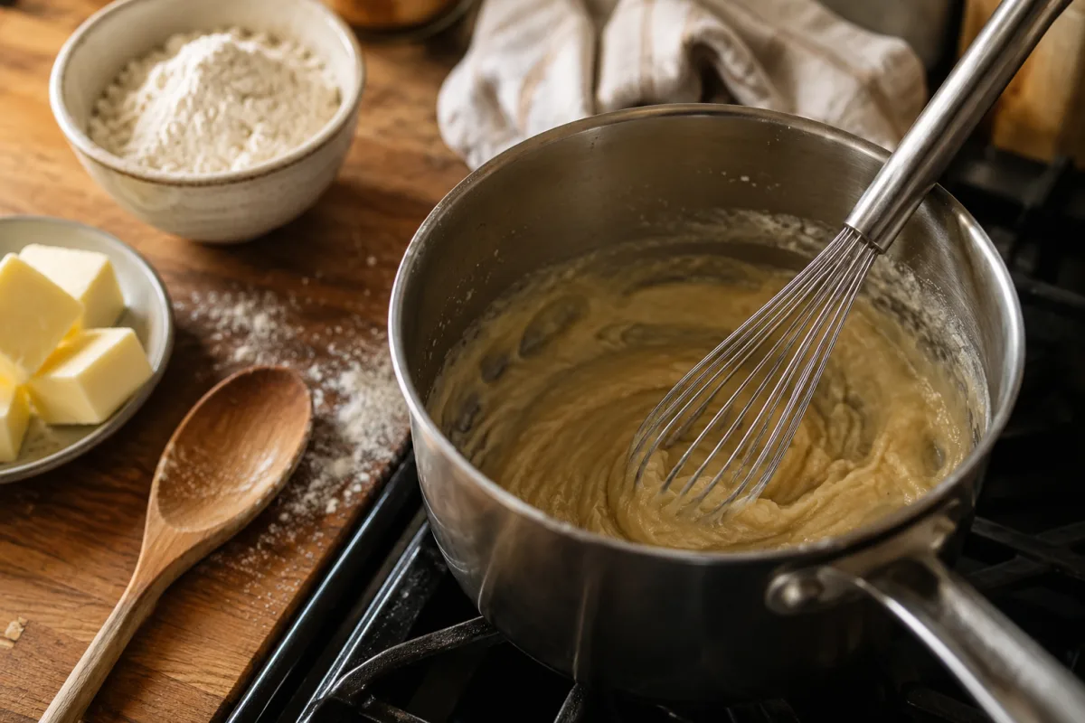 Flour and butter roux being whisked in a saucepan