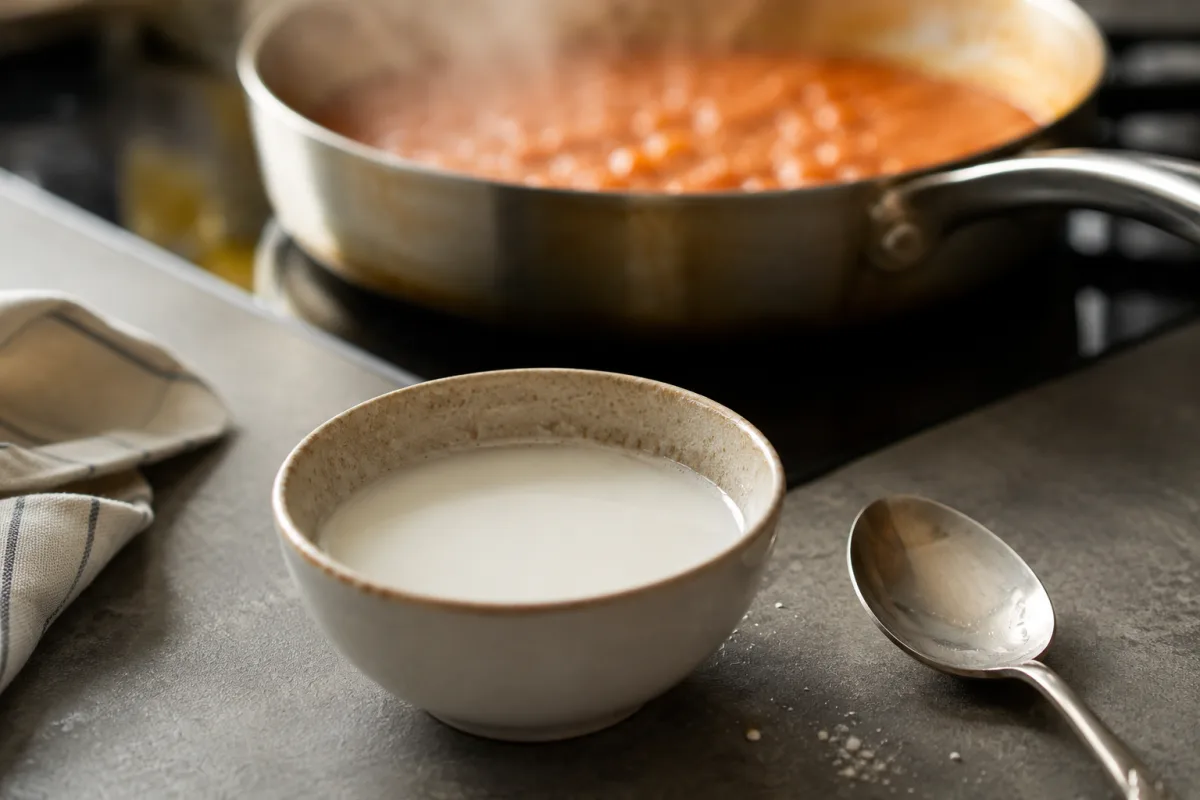 Cornstarch slurry being stirred before thickening sauce