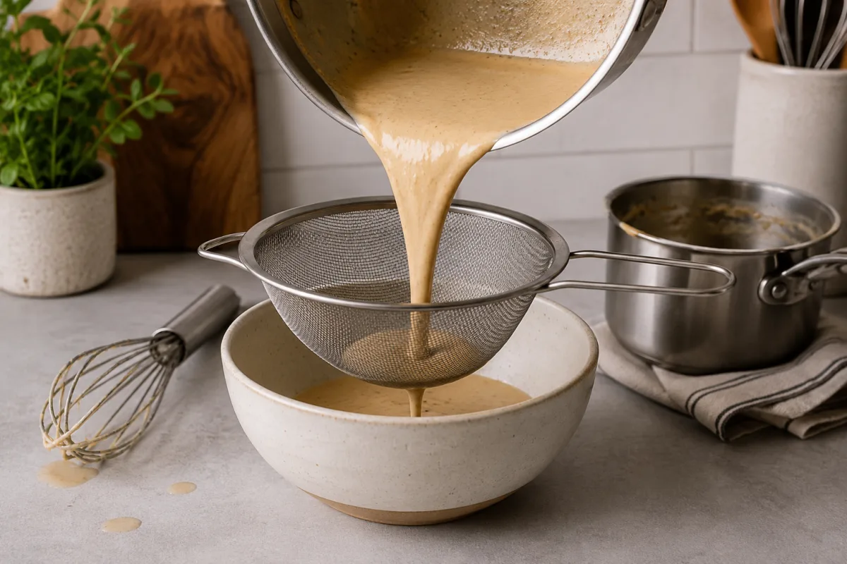 Lumpy sauce being strained through a fine sieve