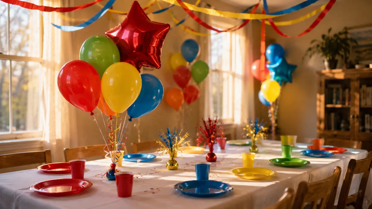Colorful Hi-5 themed birthday party table with rainbow balloon clusters and star decorations