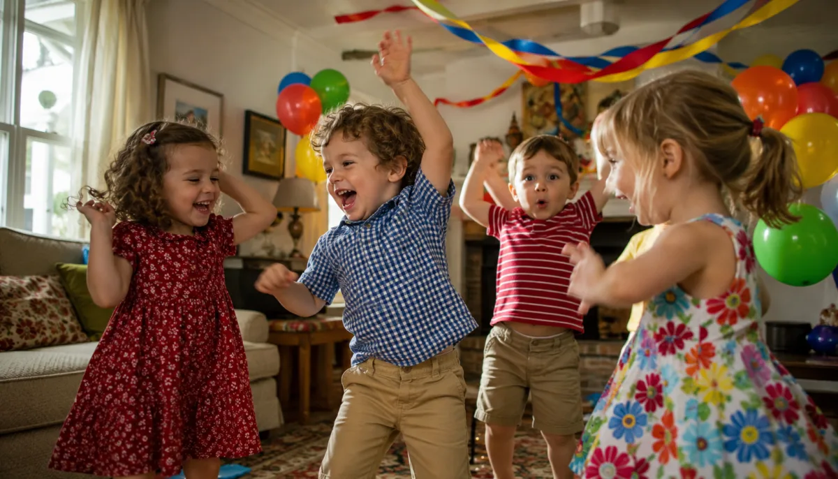 Toddlers dancing and laughing at a colorful birthday party indoors