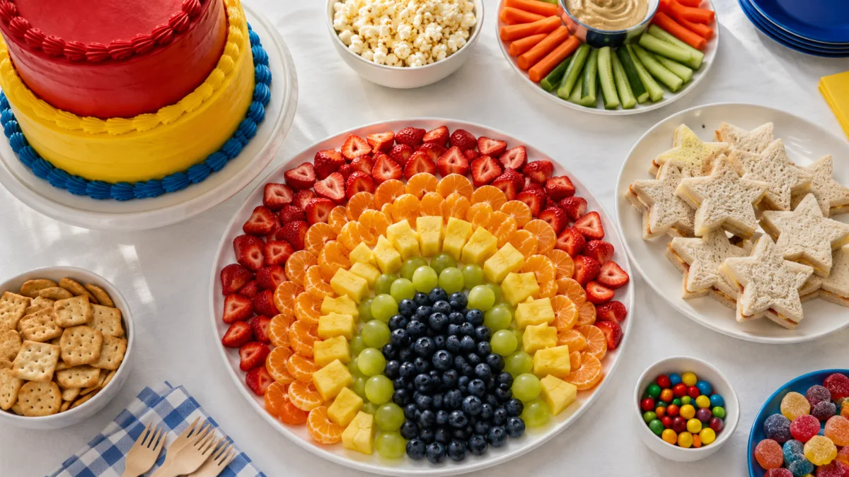 Rainbow fruit platter and star-shaped sandwiches arranged on a children's party table