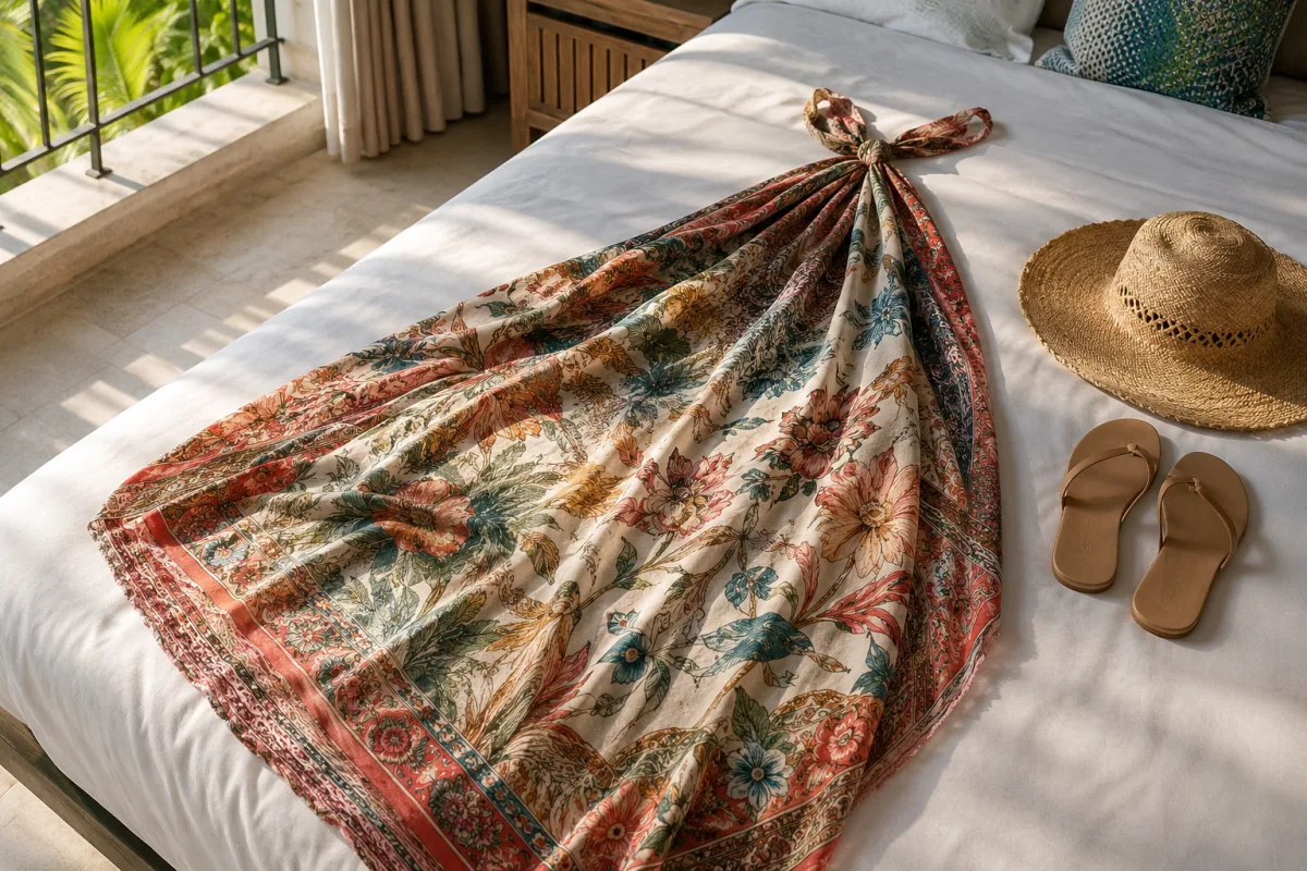 Large printed sarong folded and ready for a halter dress tie on a resort bed