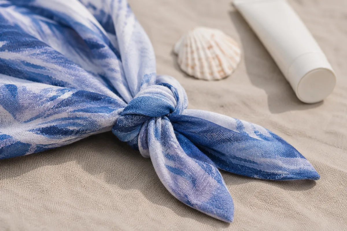 Close view of a flat double knot in lightweight sarong fabric
