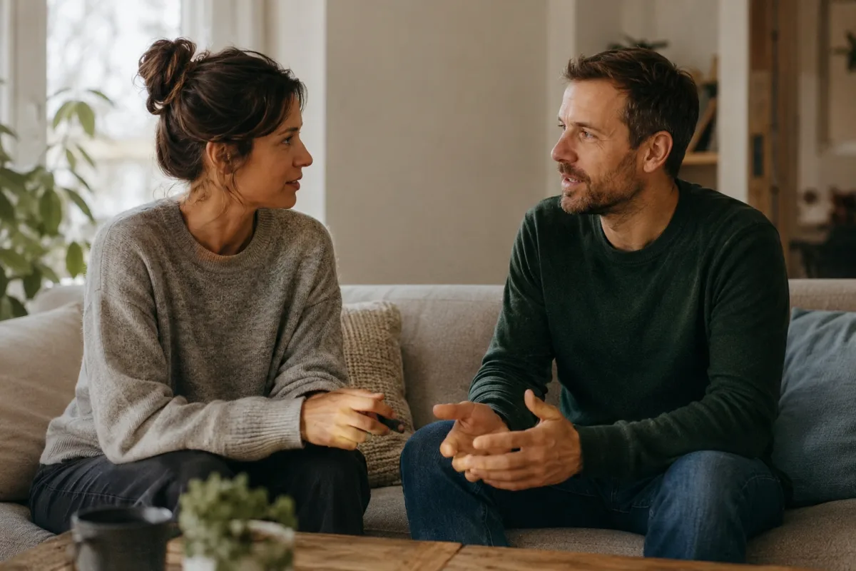 Couple talking calmly before holding hands