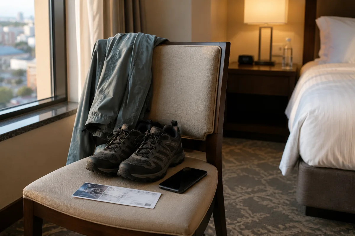 Closed-toe shoes and light jacket ready for a historic building tour